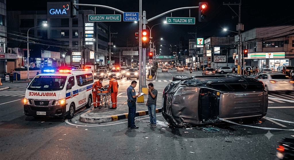 Late-Night Crash: SUV Flips After Colliding with Ambulance at Busy Quezon City Intersection